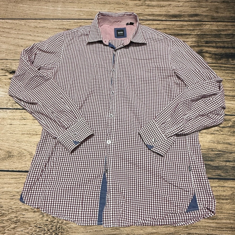 Hugo Boss Button Up Shirt Mens Large Burgundy Gingham Obert Regular Fit Cotton